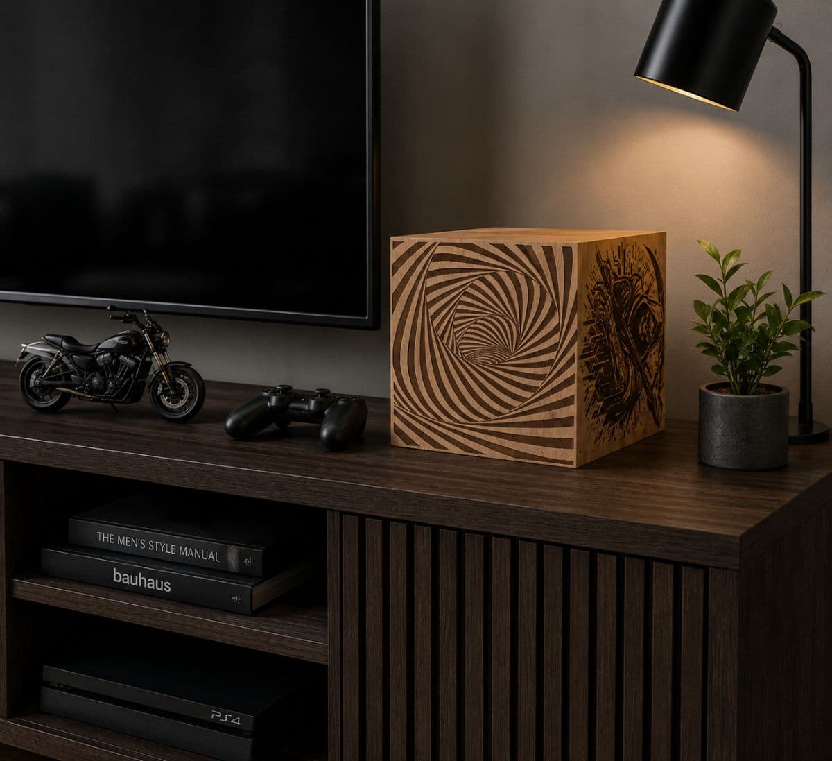 Artistic engraved wooden cube