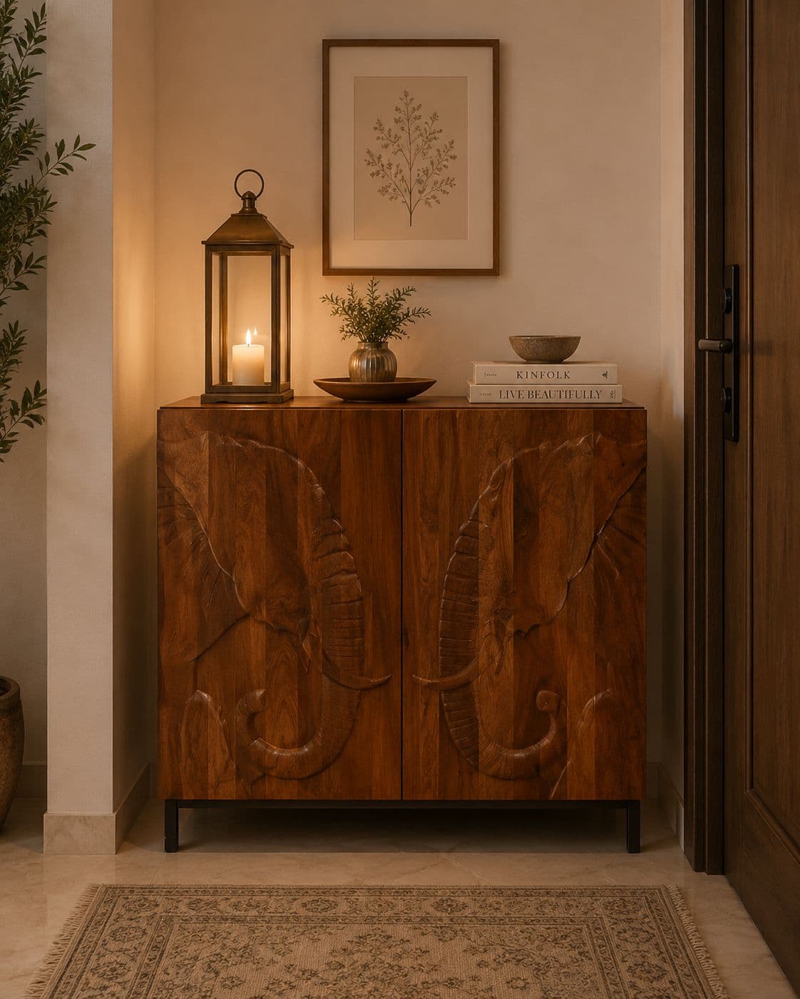 Elephant Carved Wooden Cabinet
