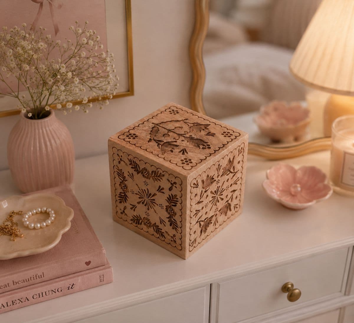 Floral engraved wooden box