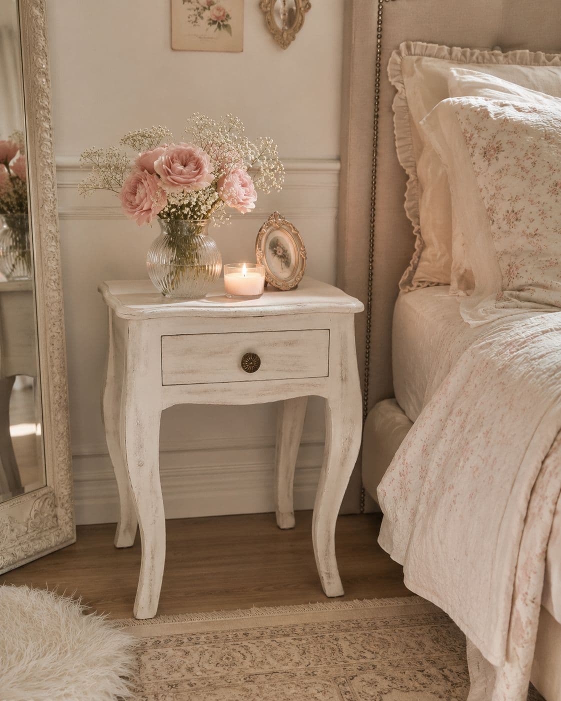 Antique White Wooden Bedside Table